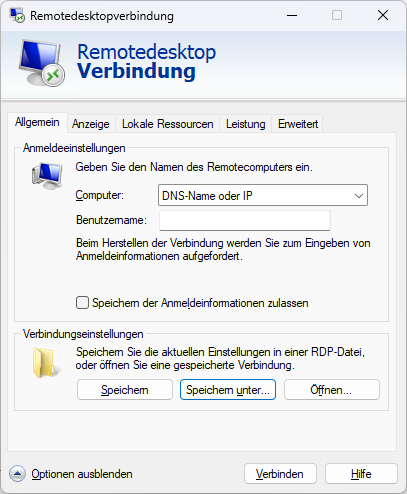 Reiter Allgemein – Speichern unter